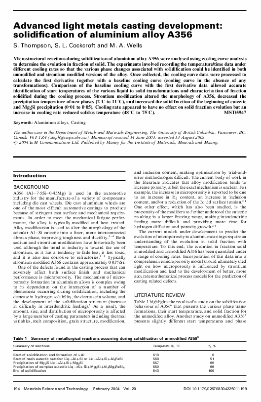 (PDF) Advanced light metals casting development: solidification of ...