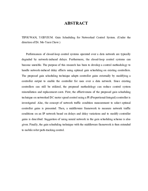 (PDF) Gain scheduling for networked control system