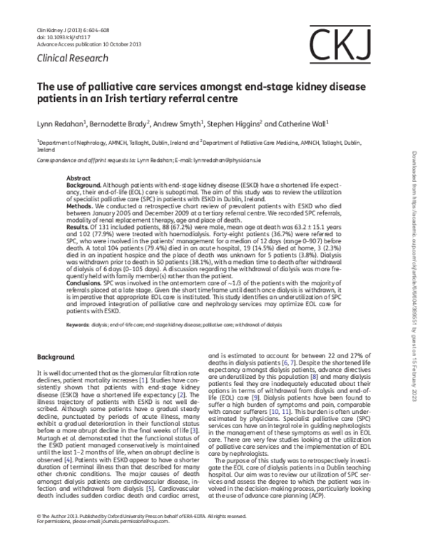 Pdf The Use Of Palliative Care Services Amongst End Stage Kidney