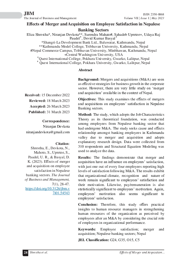 (PDF) Effects of Merger and Acquisition on Employee Satisfaction in ...
