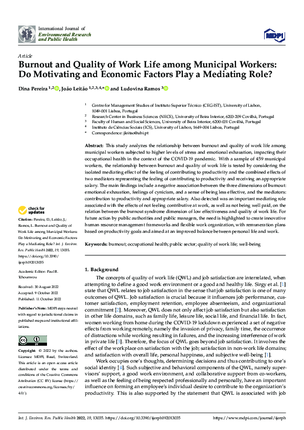 (PDF) Burnout and Quality of Work Life among Municipal Workers: Do ...