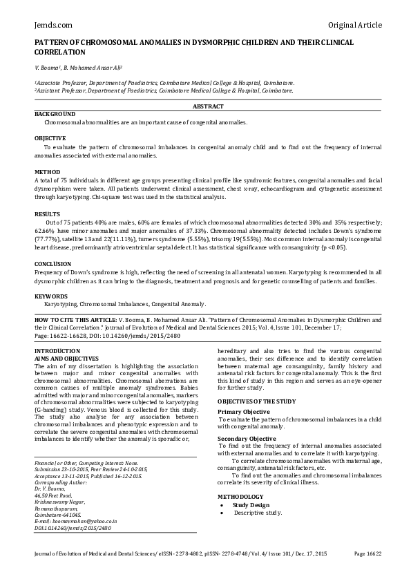 (PDF) Pattern of Chromosomal Anomalies in Dysmorphic Children and Their ...