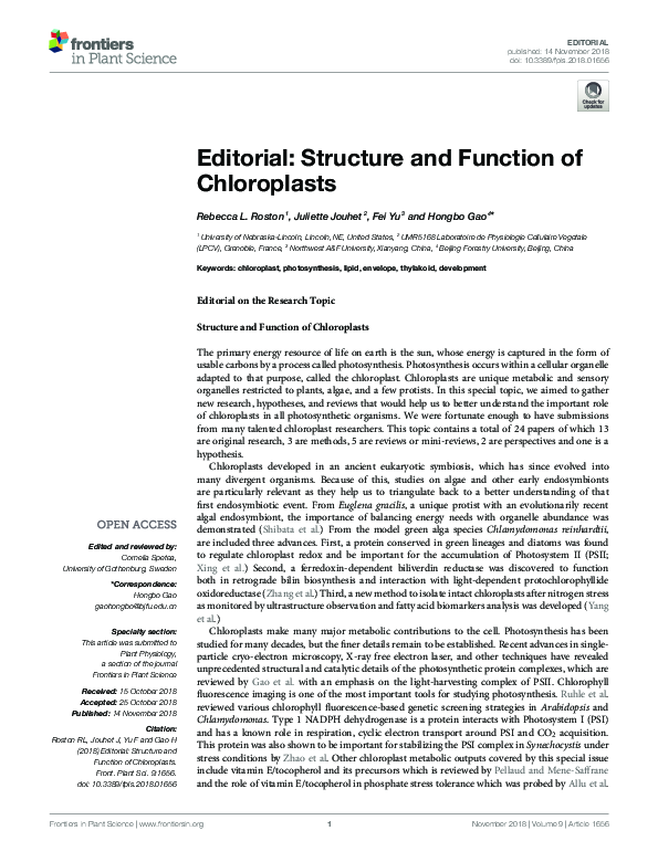 (PDF) Editorial: Structure and Function of Chloroplasts