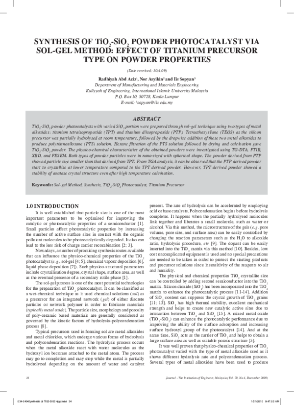 (PDF) Synthesis of Tio2-Sio2 powder photocatalyst via sol-gel method ...