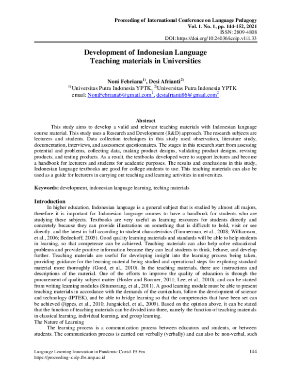 (PDF) Development of Indonesian Language Teaching materials in Universities