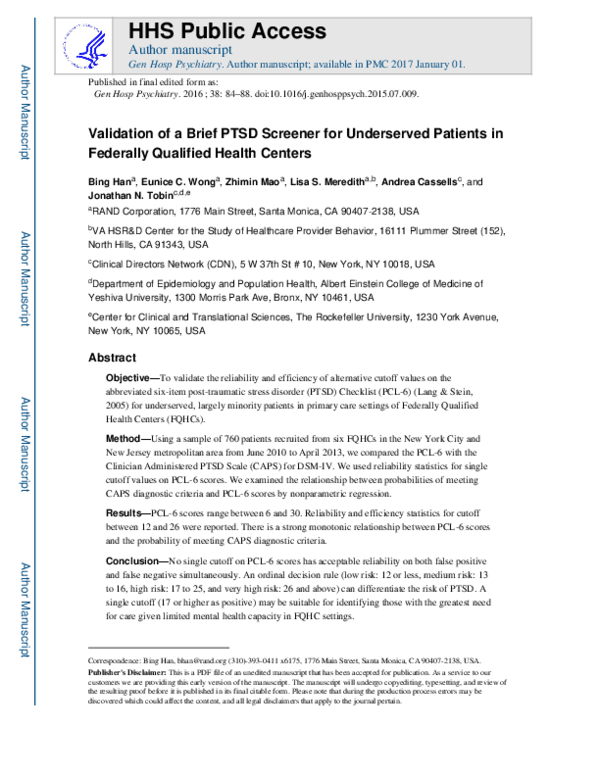 (PDF) Validation of a brief PTSD screener for underserved patients in ...
