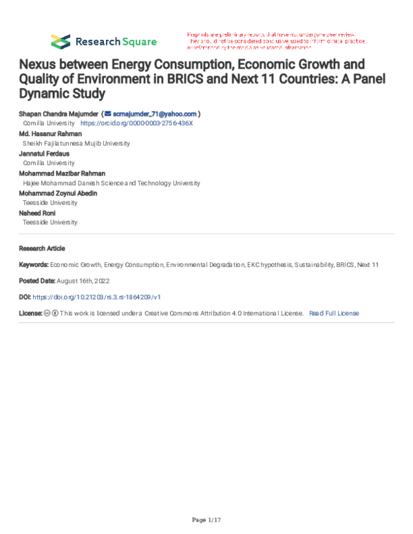 (PDF) Nexus between Energy Consumption, Economic Growth and Quality of ...