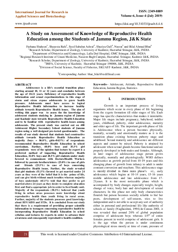 (PDF) A Study on Assessment of Knowledge of Reproductive Health ...