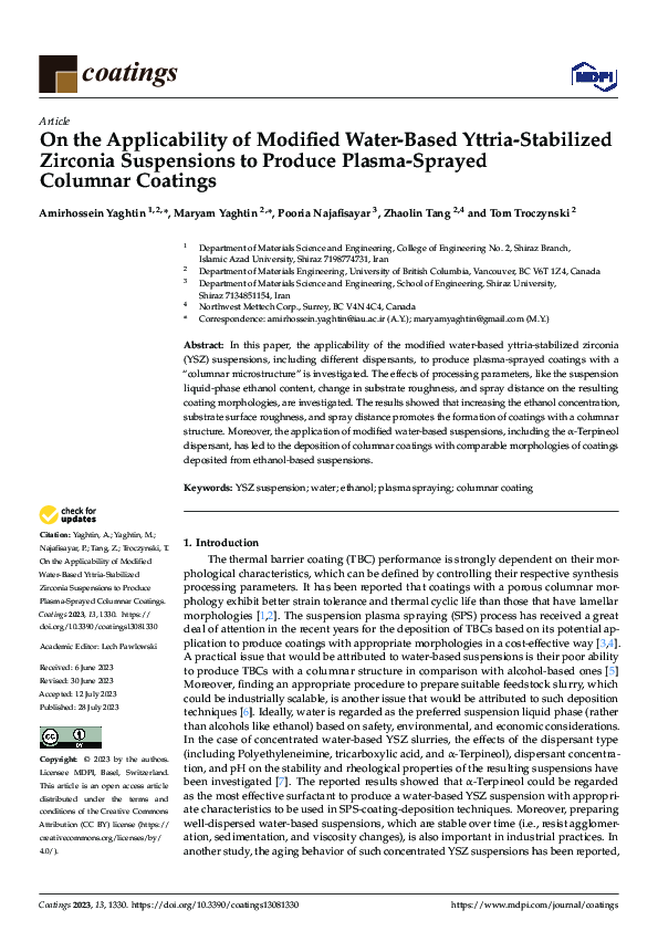 (PDF) On the Applicability of Modified Water-Based Yttria-Stabilized ...