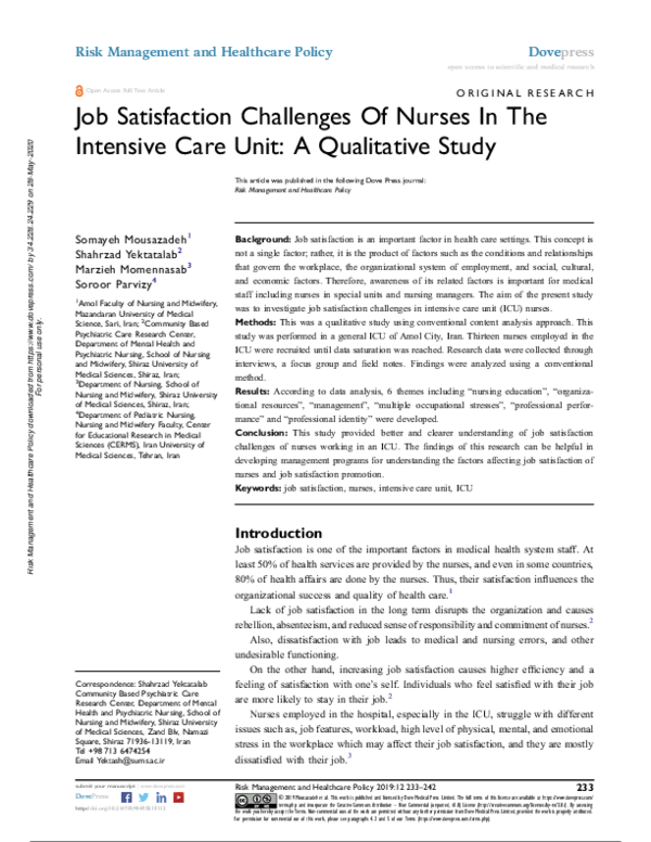 (PDF) Job Satisfaction Challenges Of Nurses In The Intensive Care Unit ...