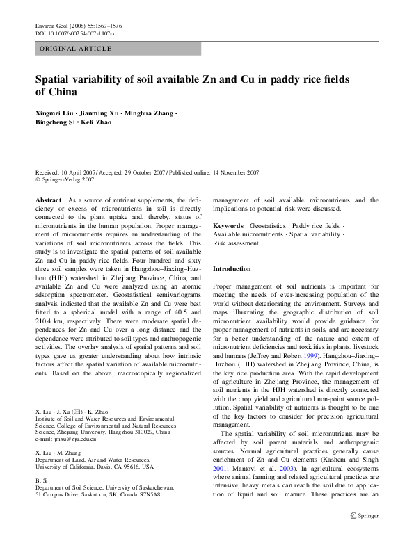 (PDF) Spatial variability of soil available Zn and Cu in paddy rice ...