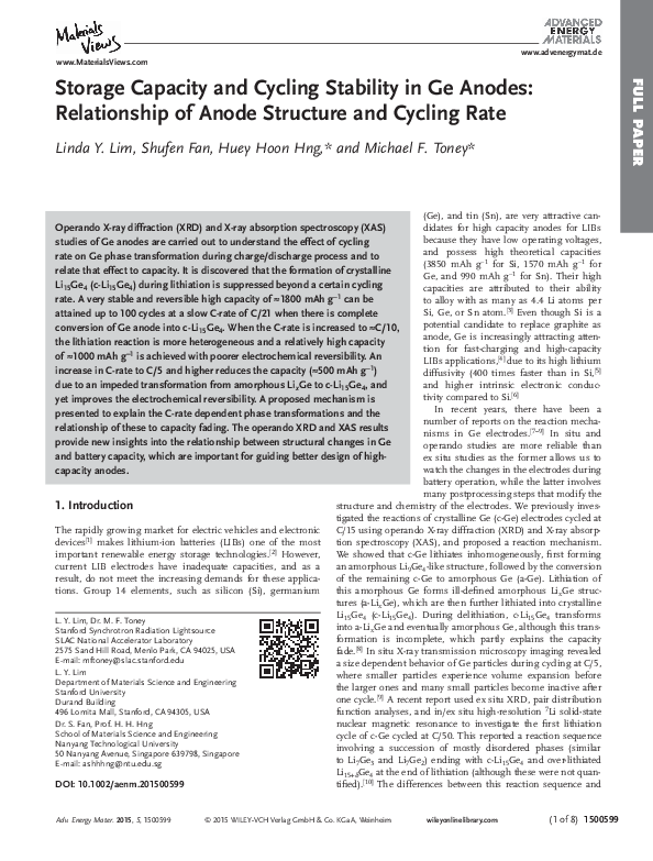 (PDF) Storage Capacity and Cycling Stability in Ge Anodes: Relationship ...