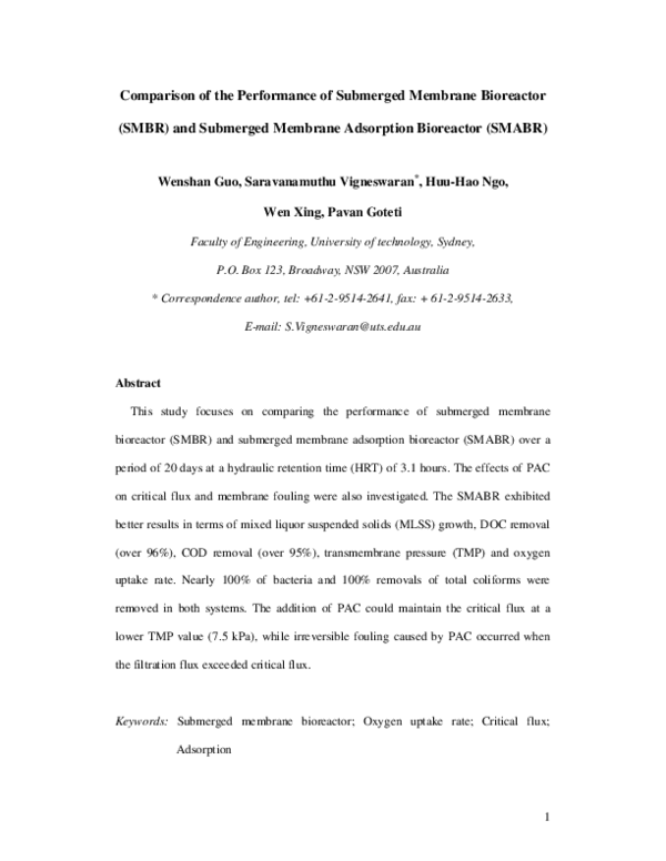 (PDF) Comparison of the performance of submerged membrane bioreactor ...