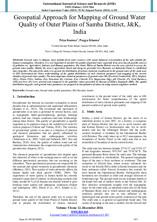 (PDF) Geospatial Approach for Mapping of Ground Water Quality of Outer ...