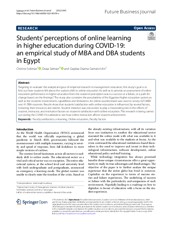 (PDF) Students' perceptions of online learning in higher education ...