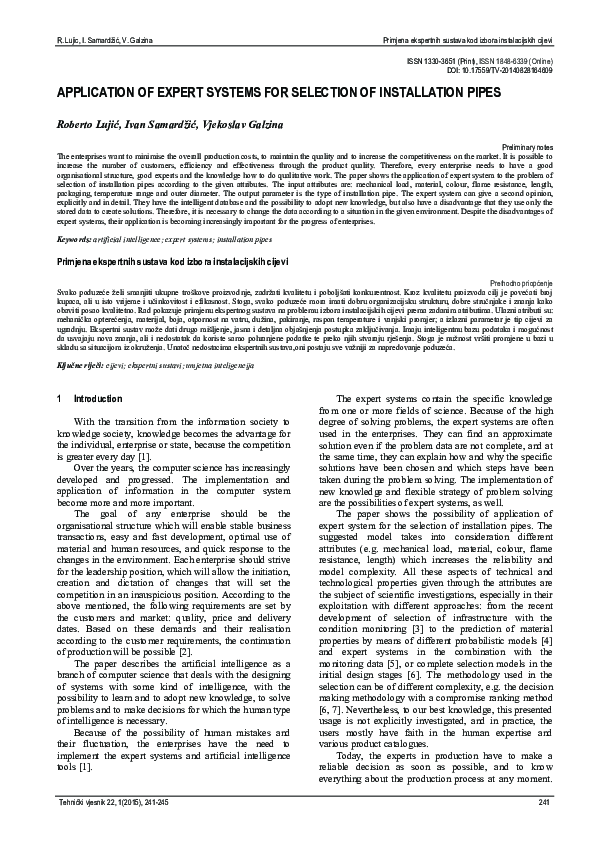 (PDF) Application of expert systems for selection of installation pipes