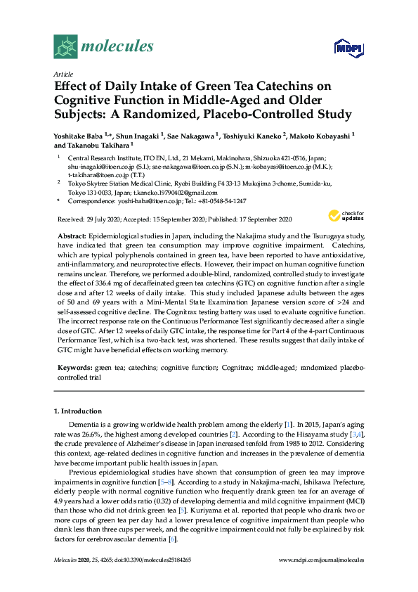 (PDF) Effect of Daily Intake of Green Tea Catechins on Cognitive ...