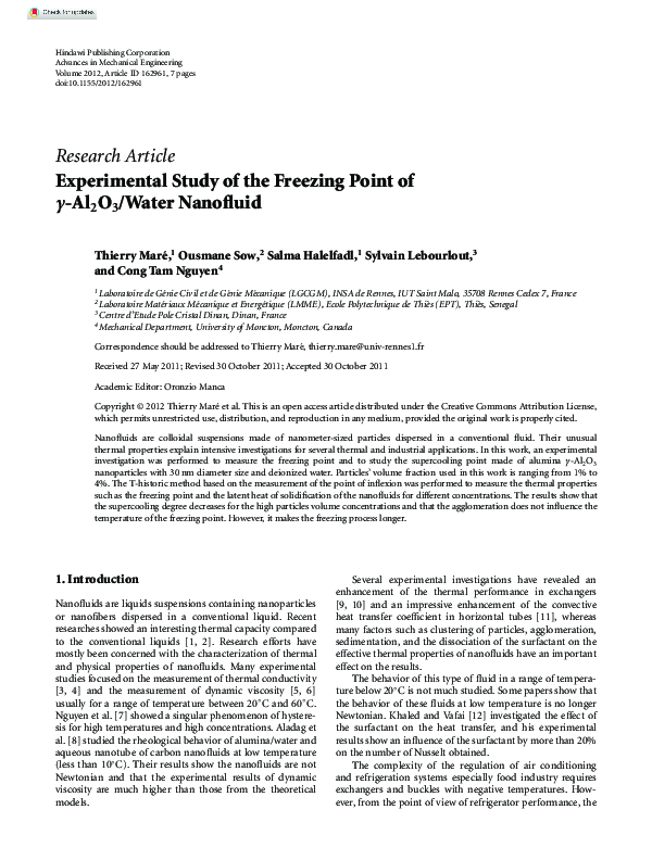 (PDF) Experimental Study of the Freezing Point of γ-Al2O3/Water Nanofluid