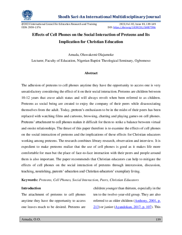 (PDF) Effects of Cell Phones on the Social Interaction of Preteens and ...