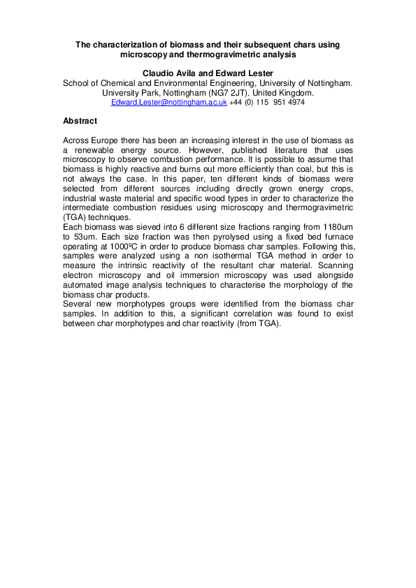 (PDF) The characterization of biomass and their subsequent chars using ...