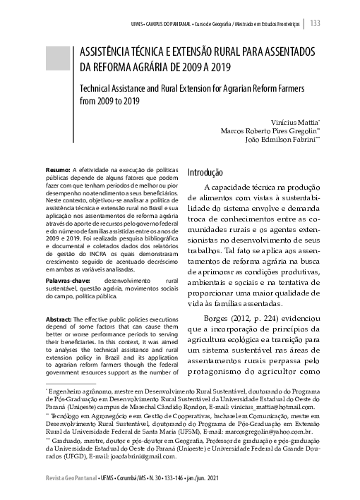(PDF) Assistência Técnica e Extensão Rural Para Assentados Da Reforma ...