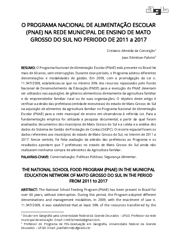 Pdf O Programa Nacional De Alimentação Escolar Pnae Na Rede