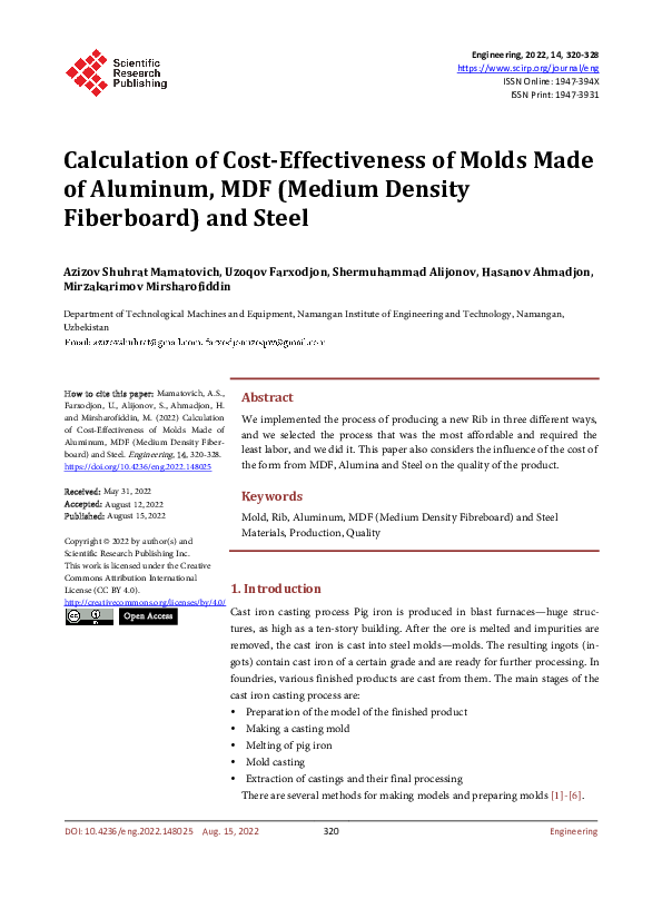 (PDF) Calculation of Cost-Effectiveness of Molds Made of Aluminum, MDF ...