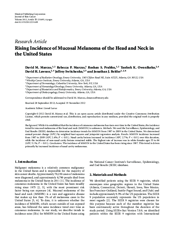 (PDF) Rising Incidence of Mucosal Melanoma of the Head and Neck in the ...