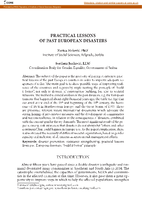 (PDF) Practical lessons of past European disasters
