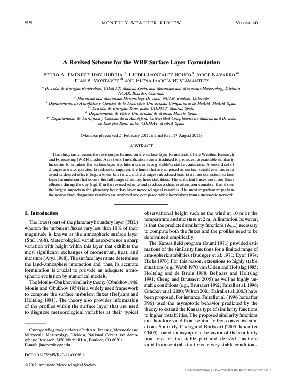 (PDF) A Revised Scheme for the WRF Surface Layer Formulation