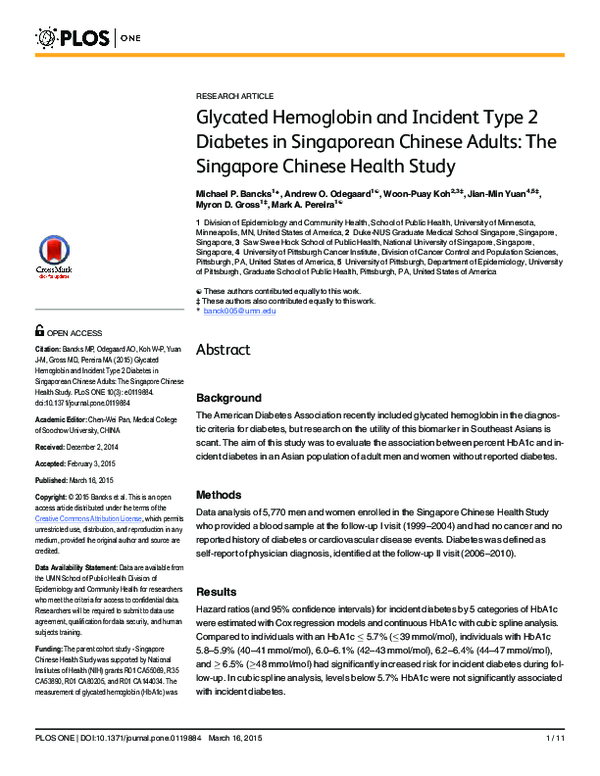 (PDF) Glycated Hemoglobin and Incident Type 2 Diabetes in Singaporean ...
