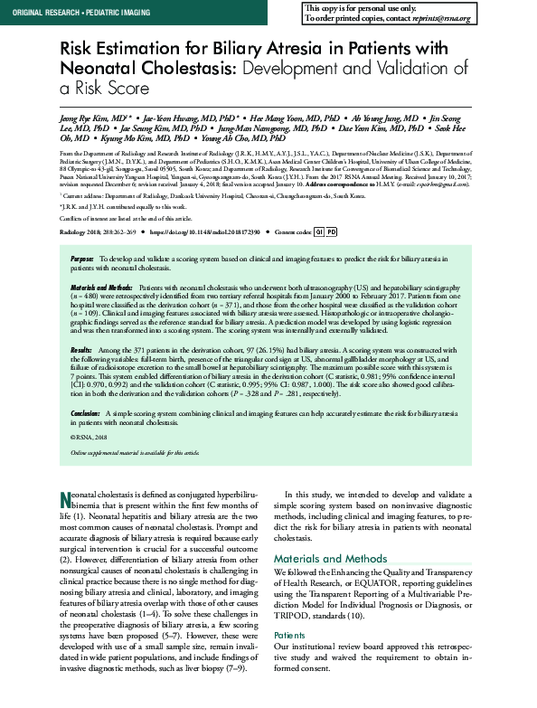 (PDF) Risk Estimation for Biliary Atresia in Patients with Neonatal ...
