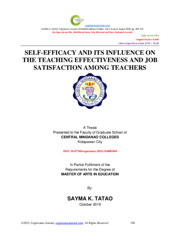 (PDF) SELF-EFFICACY AND ITS INFLUENCE ON THE TEACHING EFFECTIVENESS AND ...