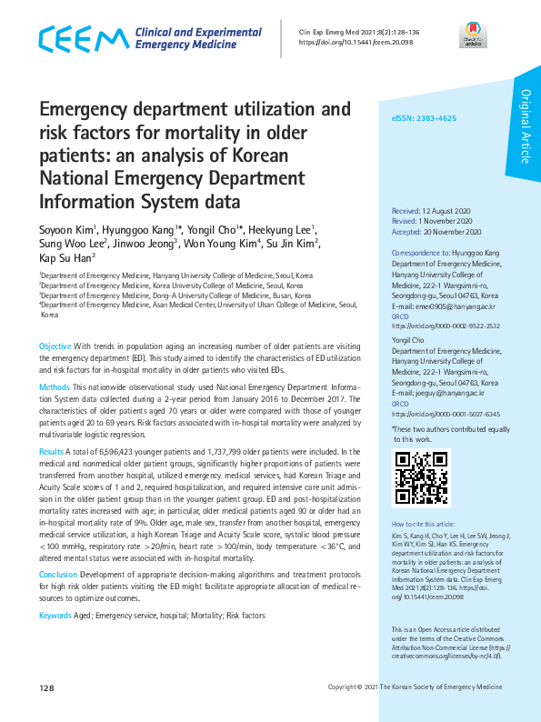 (PDF) Emergency department utilization and risk factors for mortality ...