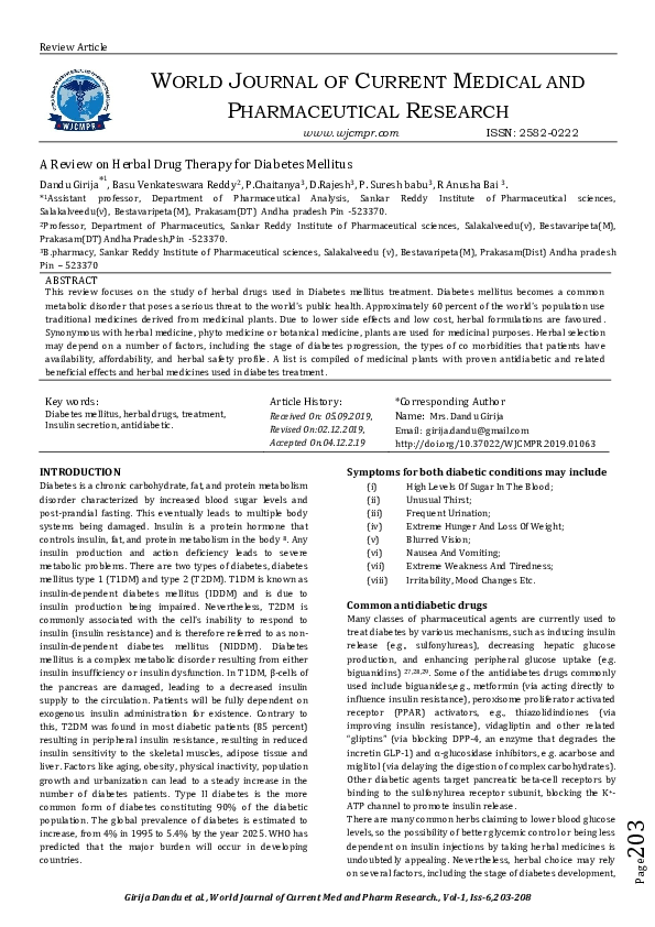 (PDF) A Review on Herbal Drug Therapy for Diabetes Mellitus