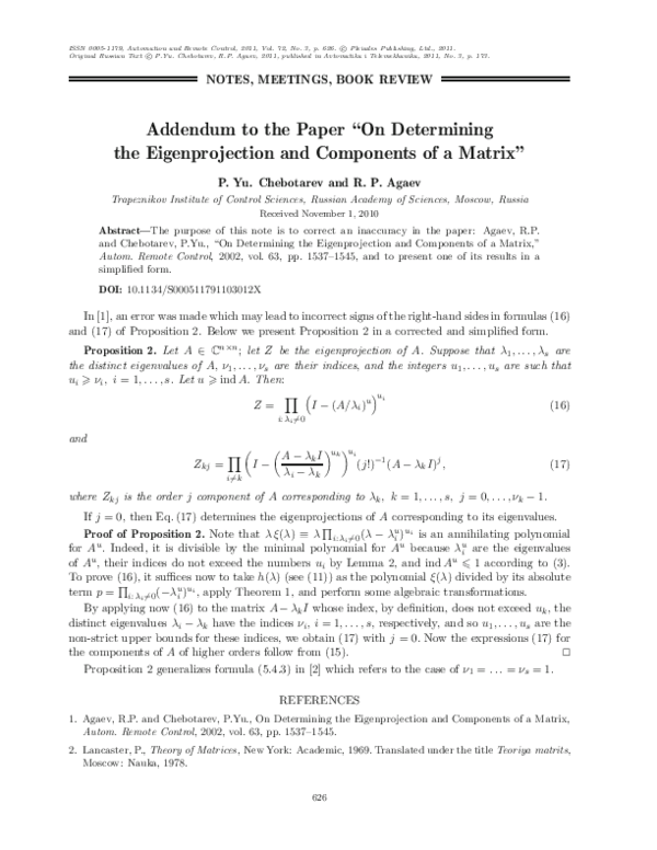 (PDF) Addendum to the paper “On Determining the Eigenprojection and ...
