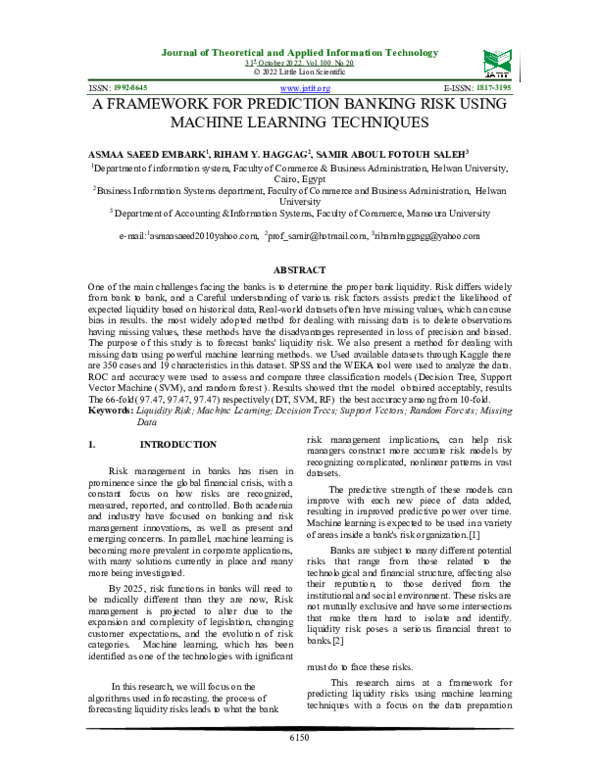 (PDF) A FRAMEWORK FOR PREDICTION BANKING RISK USING MACHINE LEARNING ...