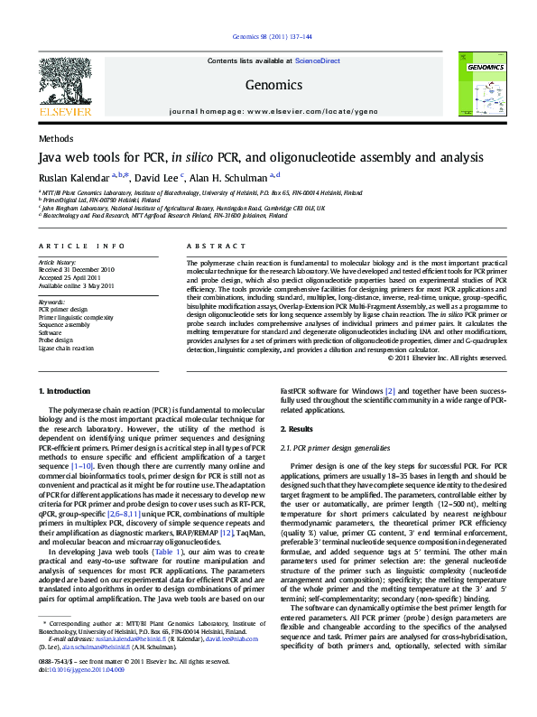 (PDF) Java web tools for PCR, in silico PCR, and oligonucleotide ...