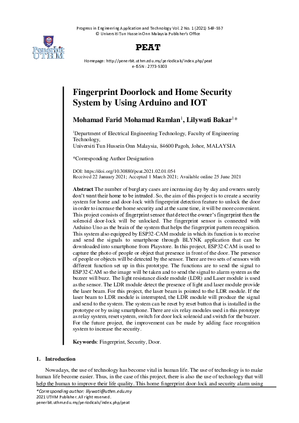 (PDF) Fingerprint Doorlock and Home Security System by Using Arduino ...