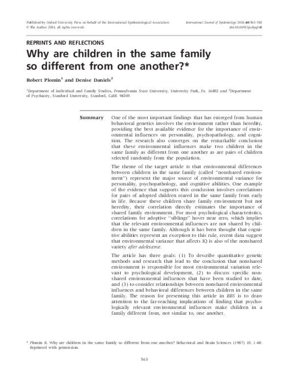 (PDF) Why are children in the same family so different from one another?