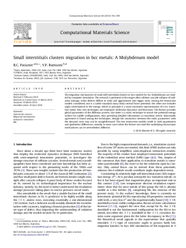(PDF) Small interstitials clusters migration in bcc metals: A ...