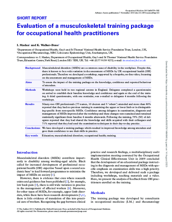 (PDF) Evaluation of a musculoskeletal training package for occupational ...