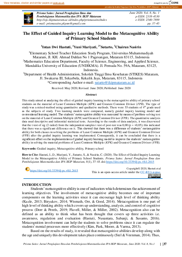 (PDF) The Effect of Guided Inquiry Learning Model to the Metacognitive ...
