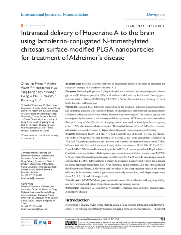 (PDF) Intranasal delivery of Huperzine A to the brain using lactoferrin ...