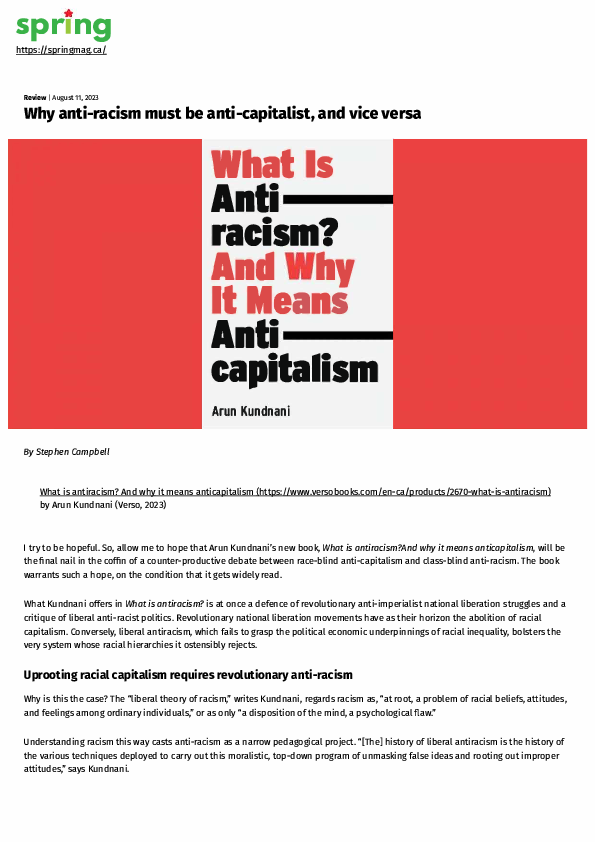 (PDF) Why anti-racism must be anti-capitalist, and vice versa