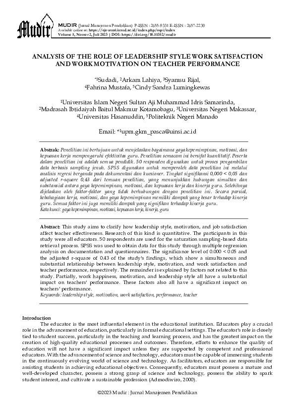 (PDF) ANALYSIS OF THE ROLE OF LEADERSHIP STYLE WORK SATISFACTION AND ...