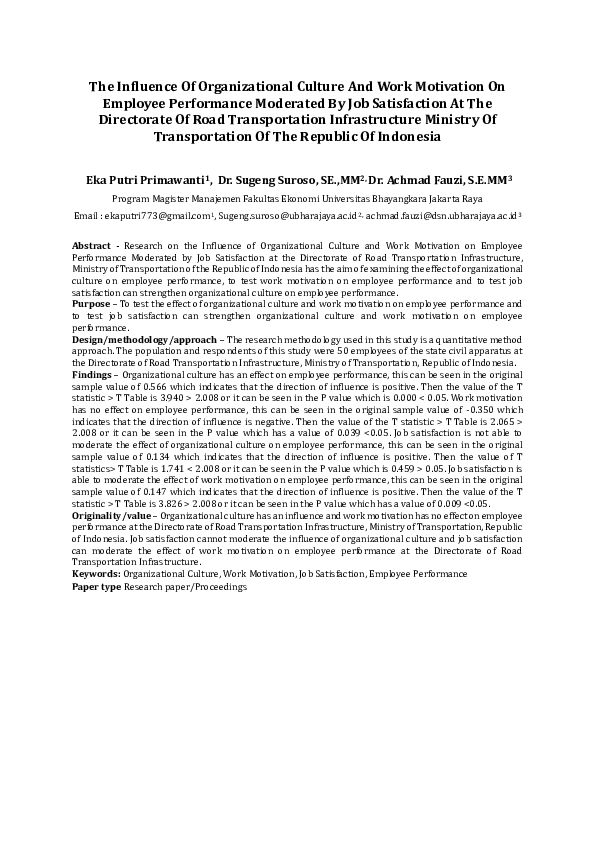 (PDF) The Influence Of Organizational Culture And Work Motivation On ...