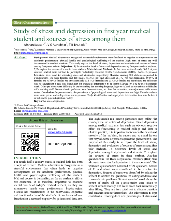(PDF) Study of stress and depression in first year medical student and ...