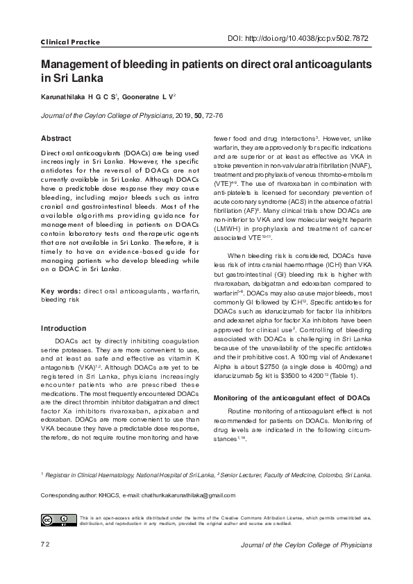 (PDF) Management of bleeding in patients on direct oral anticoagulants ...