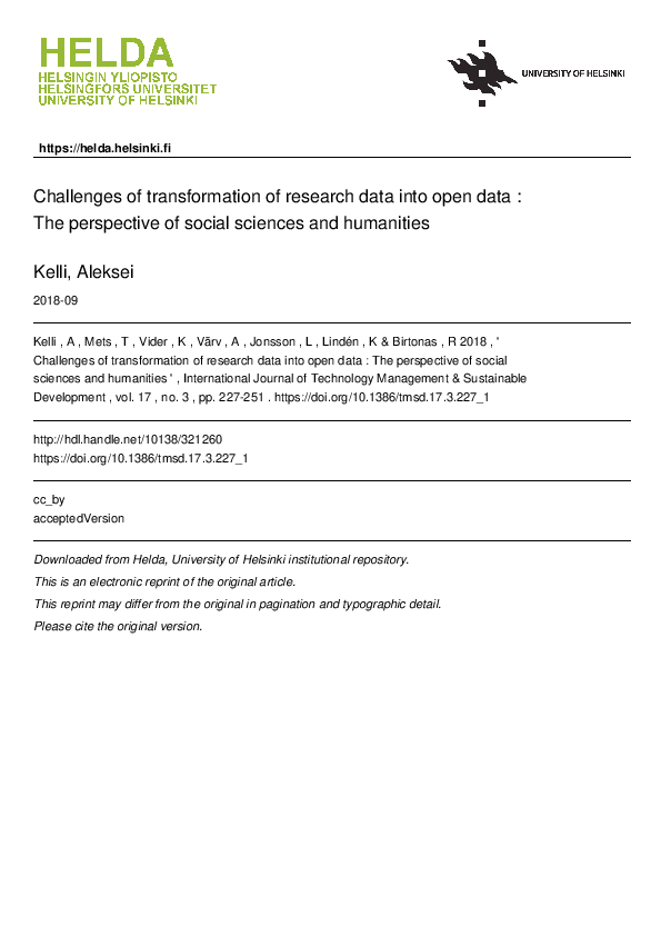 (PDF) Challenges of transformation of research data into open data: The ...